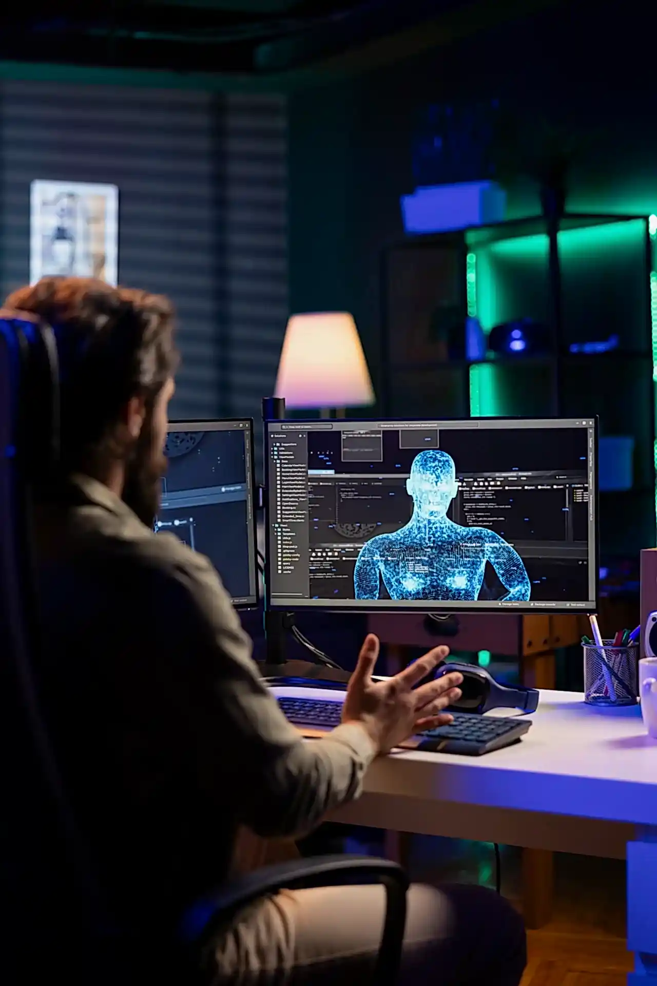 A computer technician looking astonished by artificial intelligence becoming sentient.