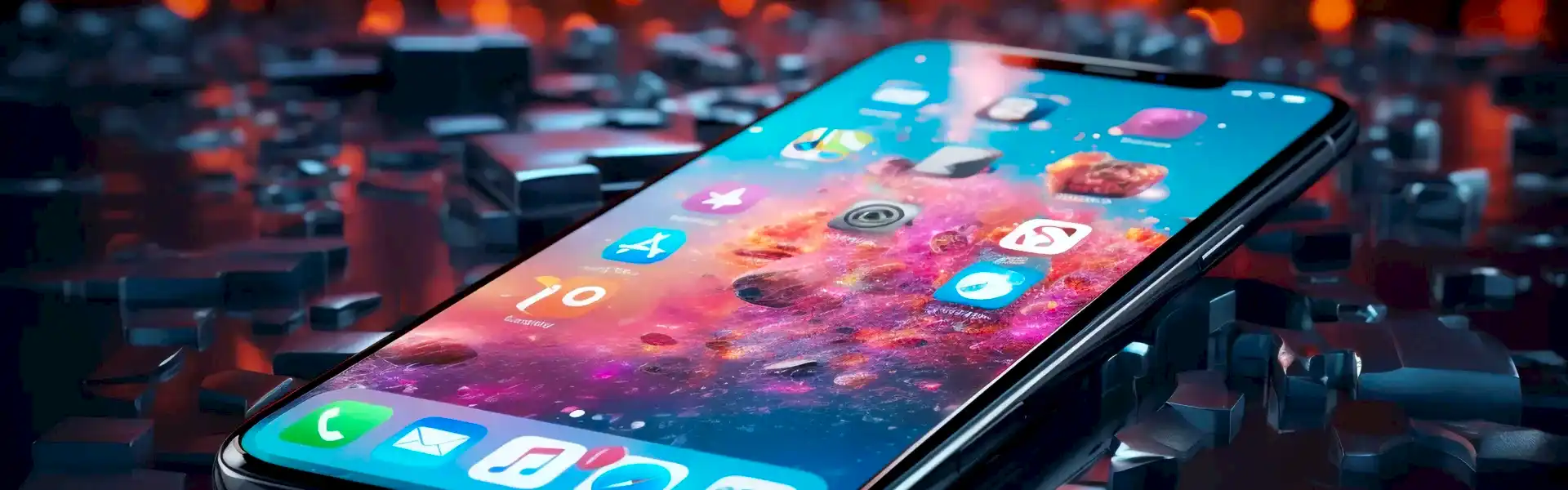Mobile Development: Innovative Apps for Android & iOS AI-generated iPhone displaying a home screen with various mobile applications.