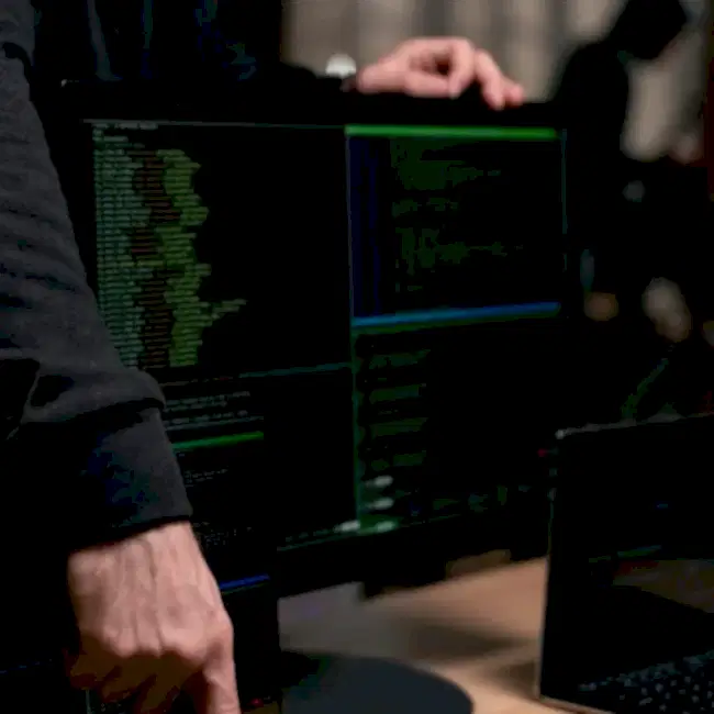 Computer screen displaying green code with a hand pointing at the keyboard.