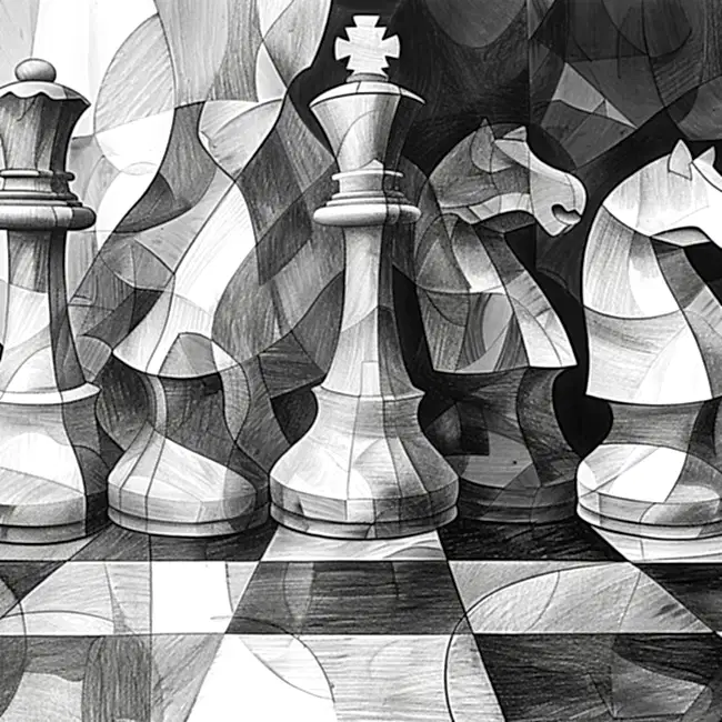 Abstract black and white chess pieces symbolizing strategic planning and consulting for business success.