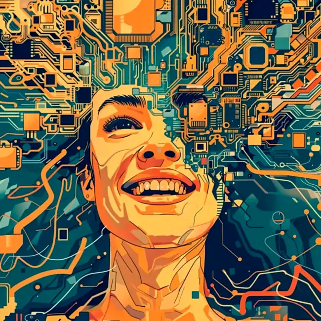 AI-generated image of a smiling female face merged with technological circuits, symbolizing innovation in IT and technology consulting.
