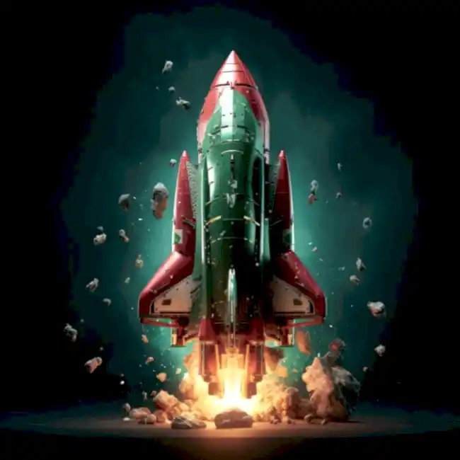 AI-generated image of a red and green rocket ship launching from the ground, symbolizing startup growth and business development.